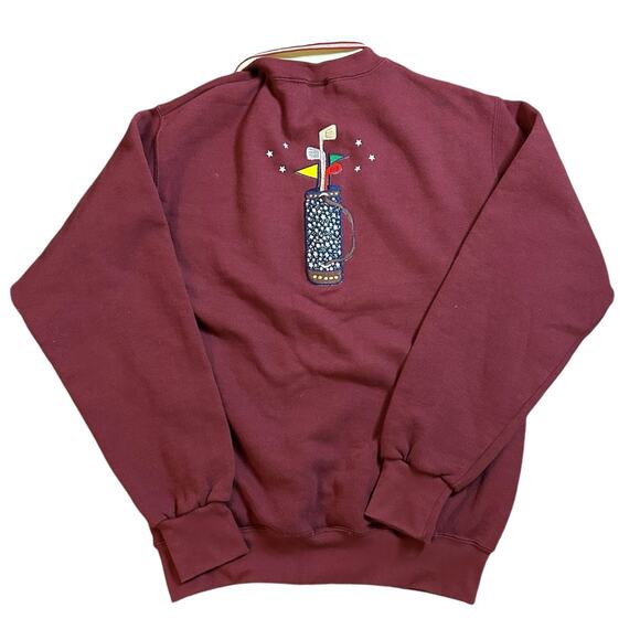 Vintage 90s Embroidered Collared Golf Sweatshirt Size Small Sequins Burgundy - Picture 1 of 7